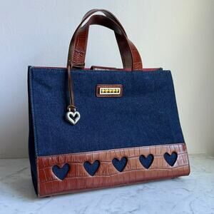 Brighton One World Denim Tote Bag Leather Croc Trim Heart Details Cottagecore